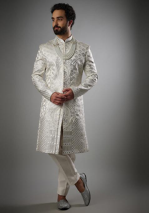 Ivory White Leather Applique Embroidered Sherwani Set For Men