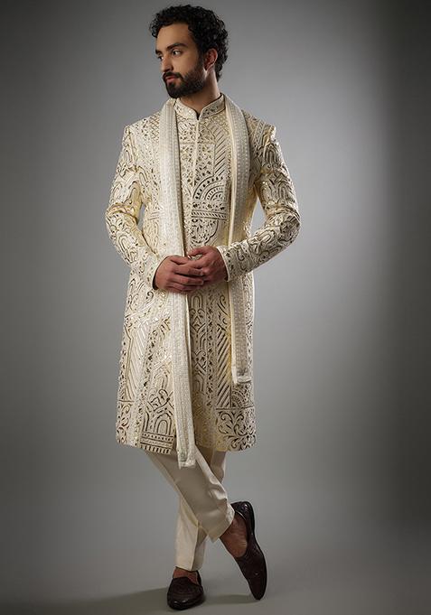 Cream Leather Applique Embroidered Sherwani Set For Men