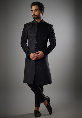 Black Hand Embroidered Indowestern Sherwani Set For Men