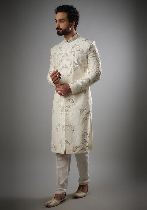 White Pearl Embroidered Sherwani Set For Men