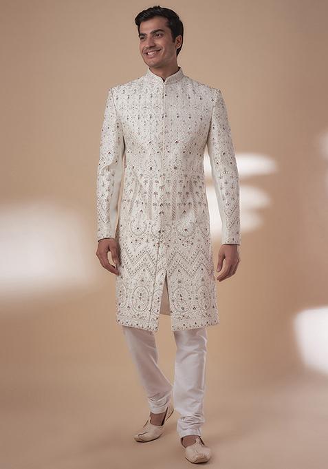 White Silk Embroidered Kurta Set For Men