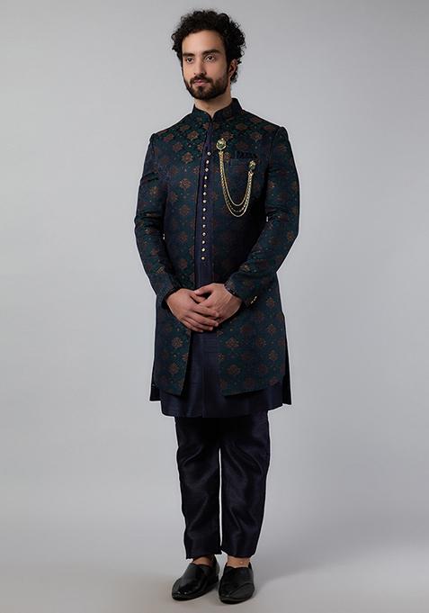 Teal Green Embroidered Jacket And Kurta Set For Men