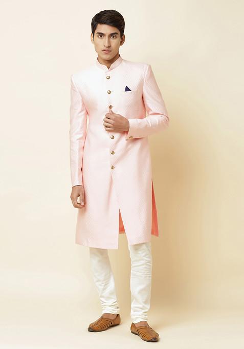 Pink Textured Sherwani Set For Men