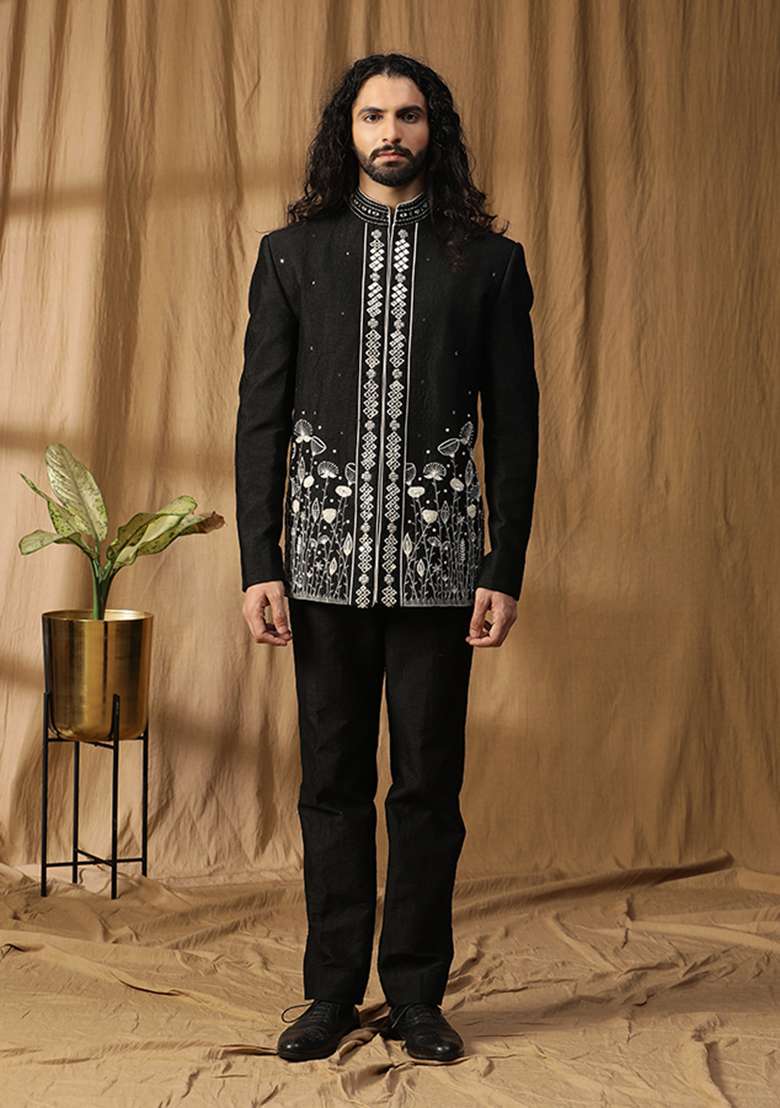 Black Mirror Embroidered Silk Blend Bandhgala Set - Indya