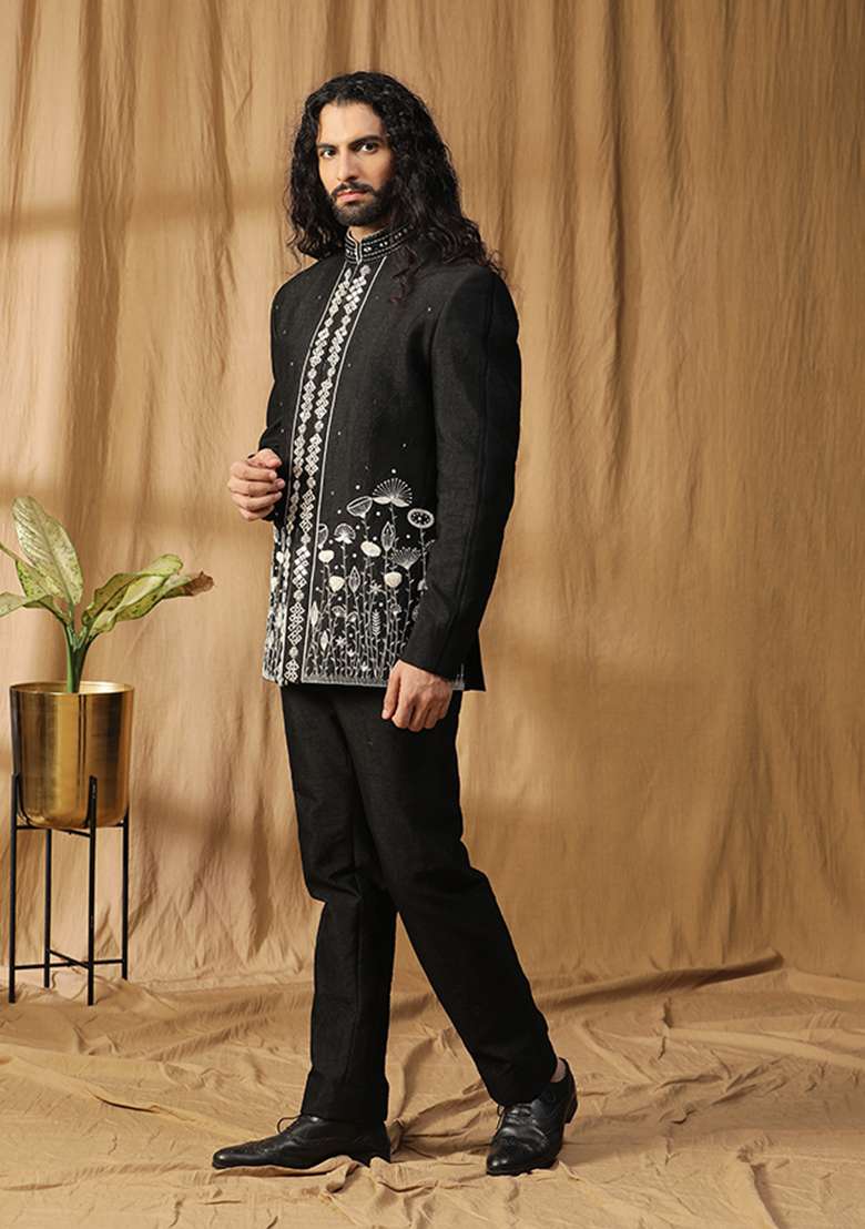 Black Mirror Embroidered Silk Blend Bandhgala Set - Indya