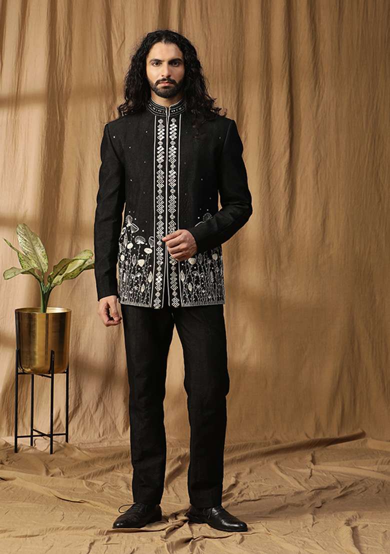Black Mirror Embroidered Silk Blend Bandhgala Set - Indya