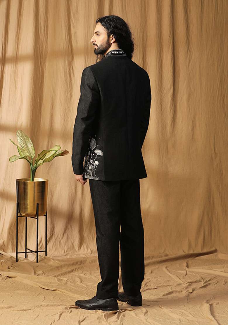 Black Mirror Embroidered Silk Blend Bandhgala Set - Indya