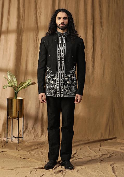 Black Mirror Embroidered Silk Bandhgala Set