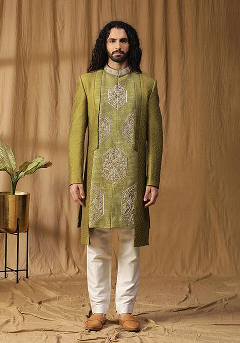 Green Zardozi Embroidered Silk Indo Jacket Set