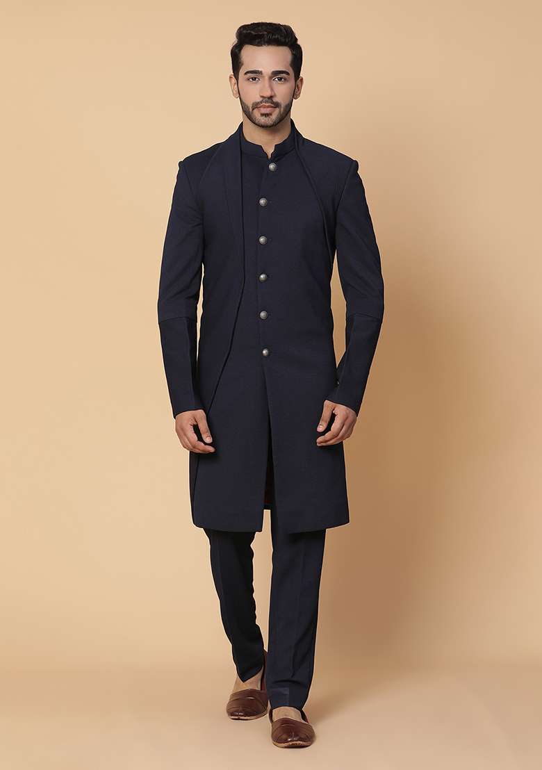 Blue Embroidered Endless Indo Sherwani Set - Indya