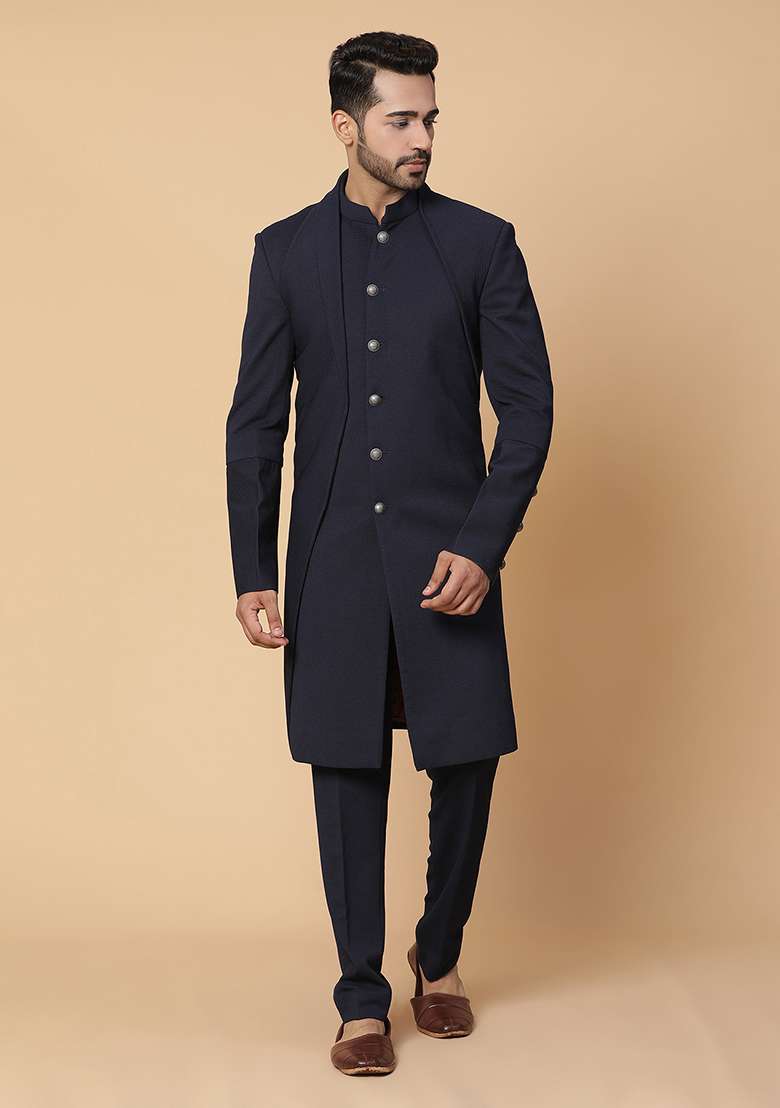 Blue Embroidered Endless Indo Sherwani Set - Indya