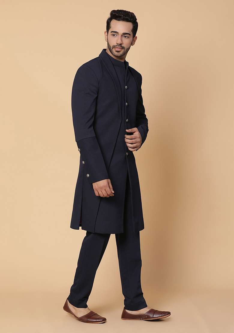 Blue Embroidered Endless Indo Sherwani Set - Indya