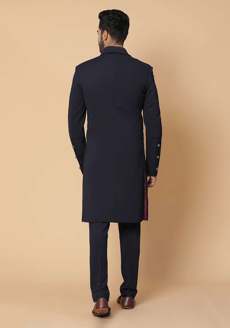 Blue Embroidered Endless Indo Sherwani Set - Indya