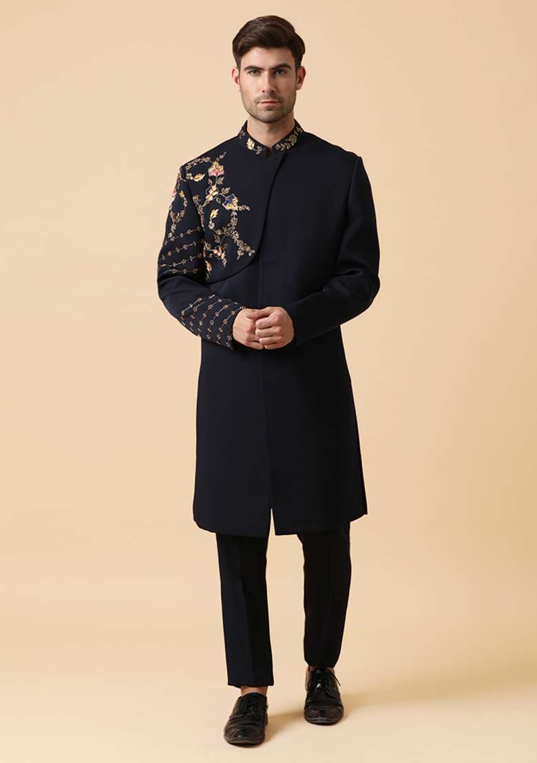 Blue Zardozi Embroidered Anubis Indo Sherwani Set - Indya