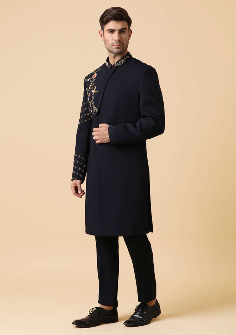Blue Zardozi Embroidered Anubis Indo Sherwani Set - Indya