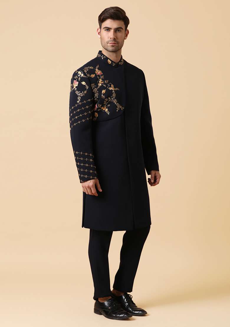 Blue Zardozi Embroidered Anubis Indo Sherwani Set - Indya