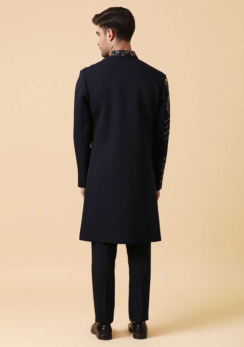 Blue Zardozi Embroidered Anubis Indo Sherwani Set - Indya