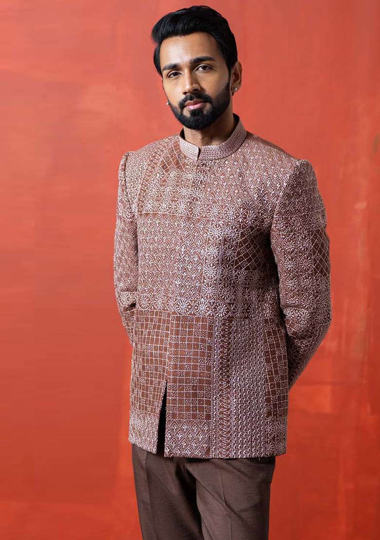 Brown Kantha Work Bandhgala Jacket For Men - Indya