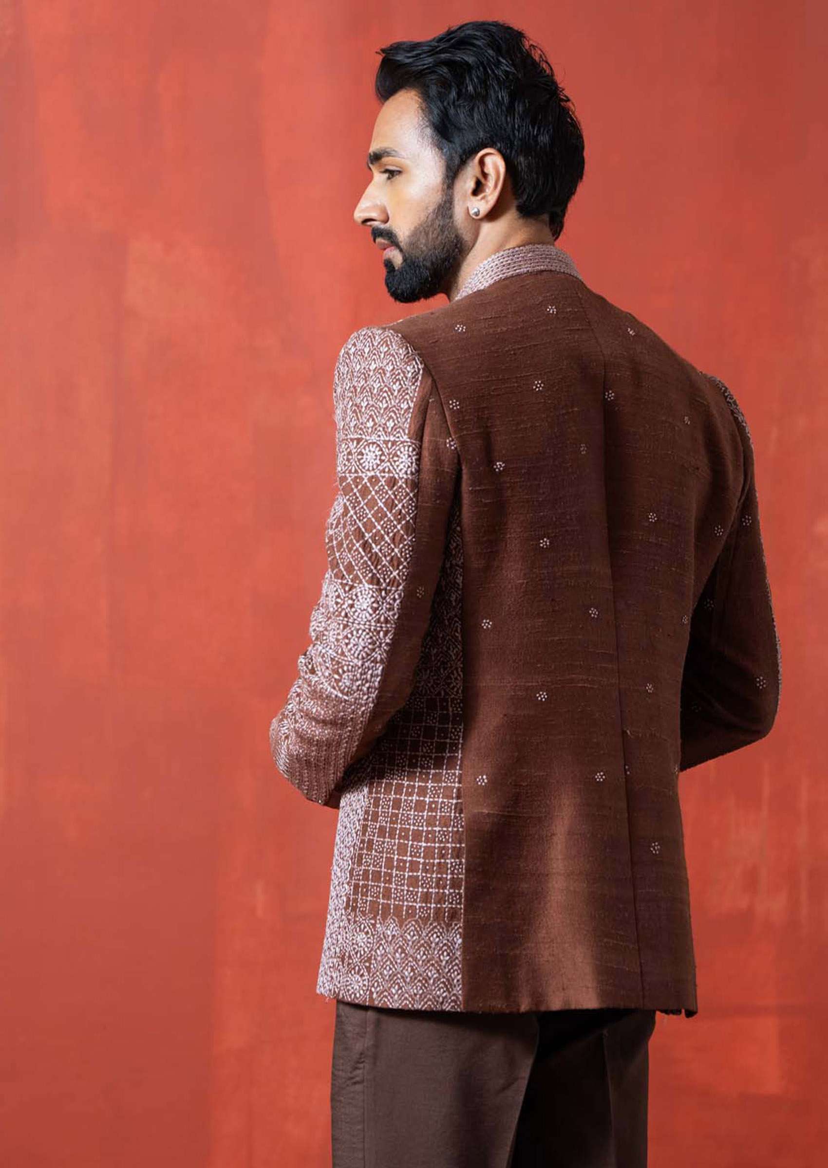 Brown Kantha Work Bandhgala Jacket For Men - Indya