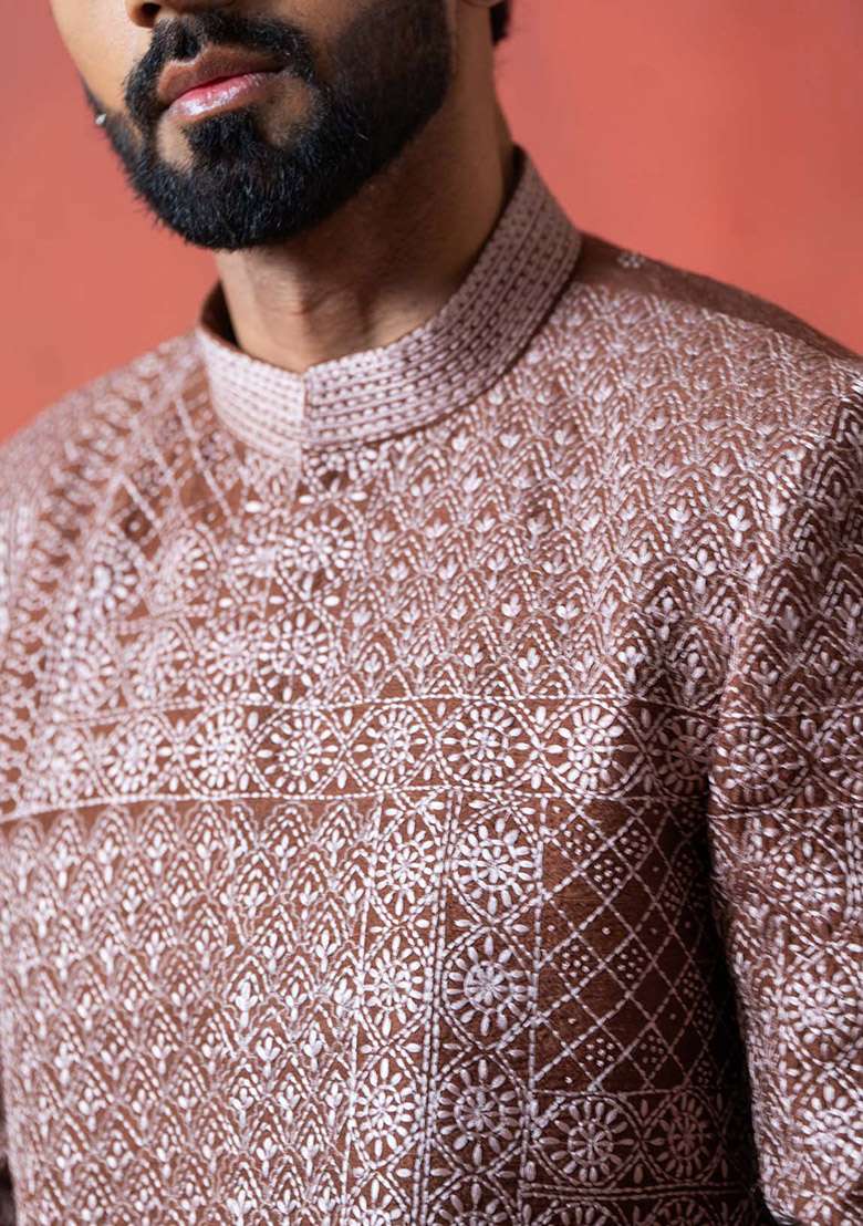 Brown Kantha Work Bandhgala Jacket For Men - Indya