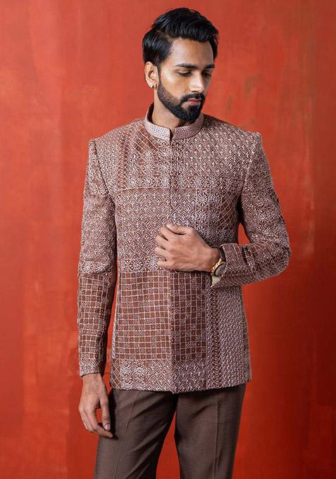Brown Kantha Work Bandhgala Jacket For Men
