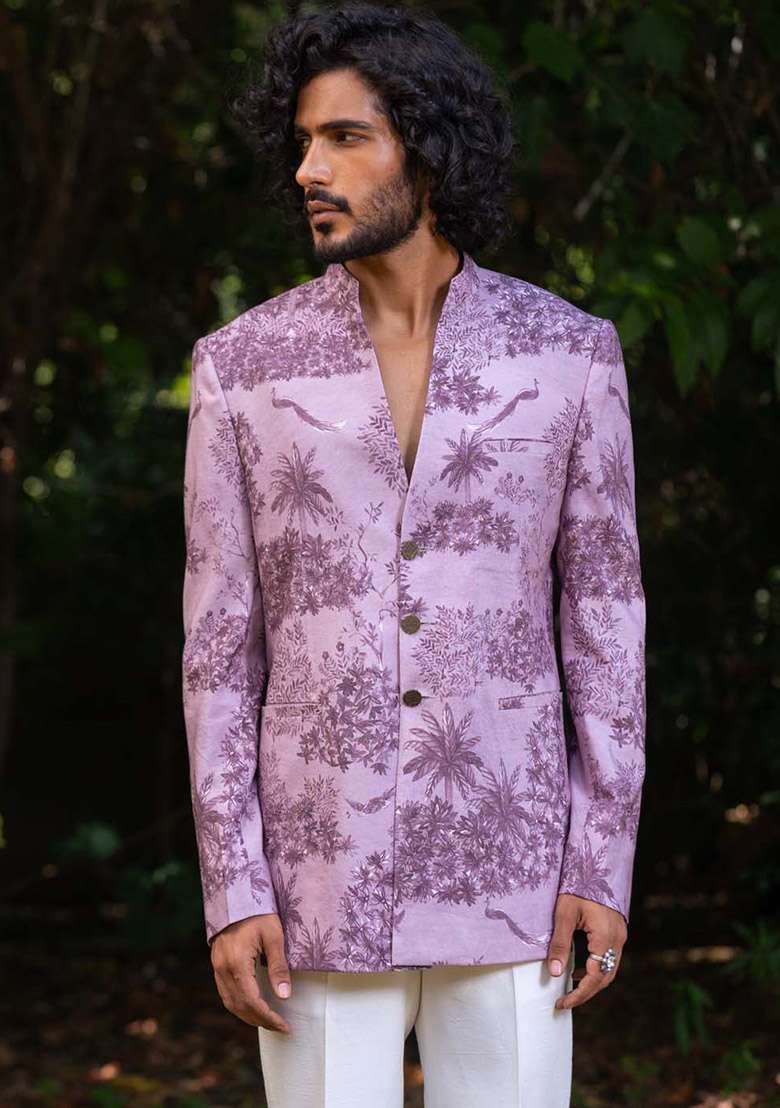 Lavender Kantha Work Digital Print Bandhgala Jacket For Men - Indya