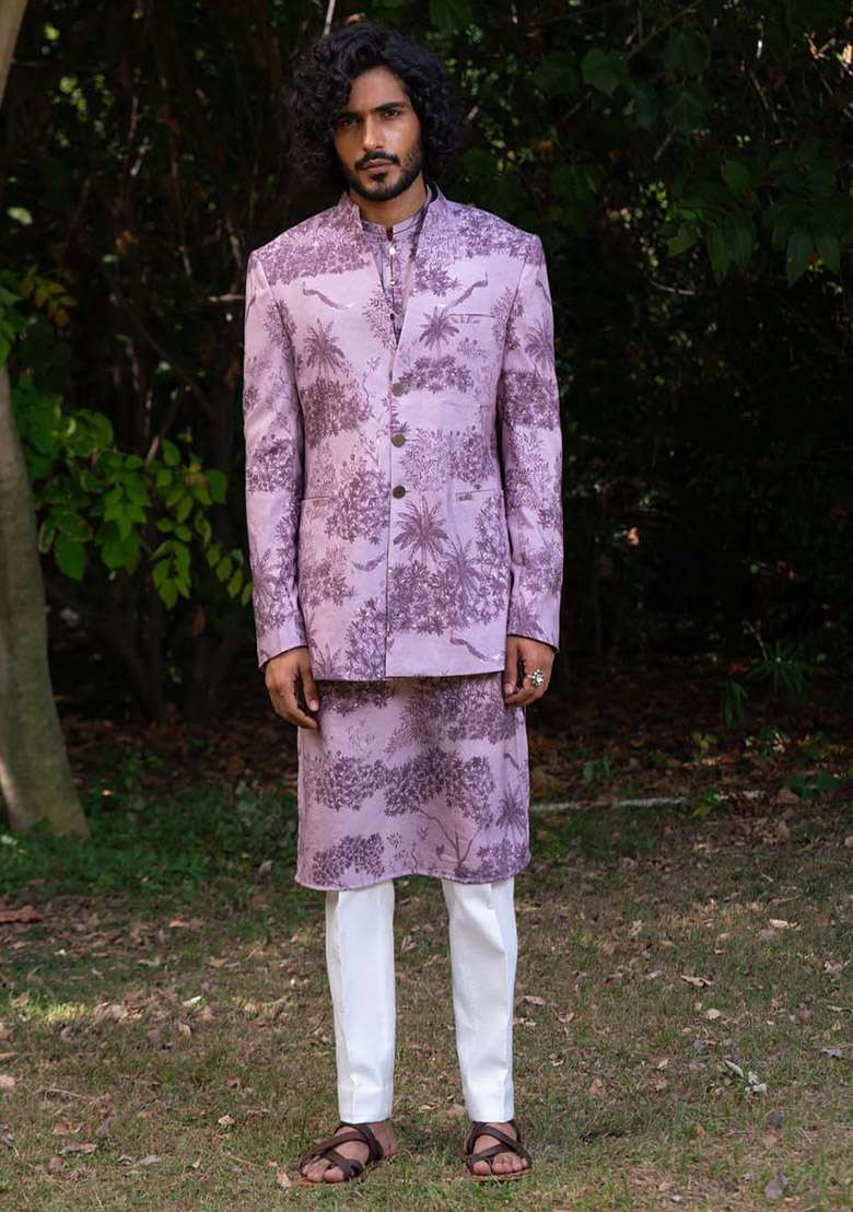 Lavender Kantha Work Digital Print Bandhgala Jacket For Men - Indya