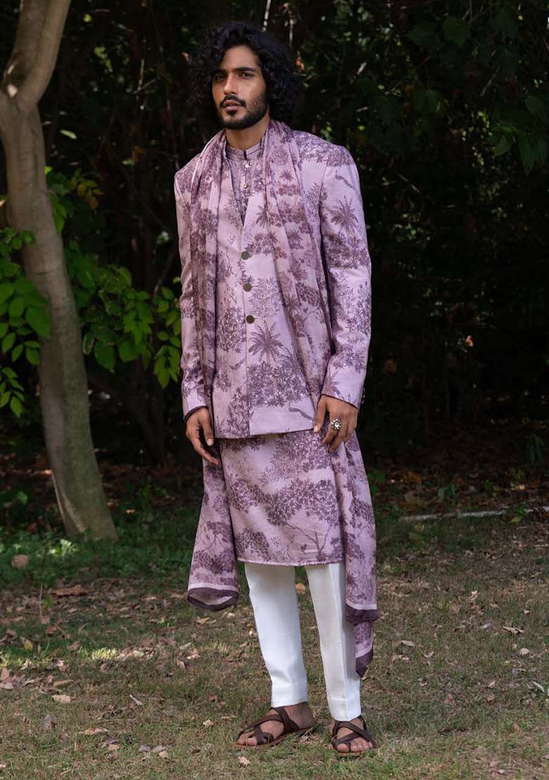 Lavender Kantha Work Digital Print Bandhgala Jacket For Men - Indya