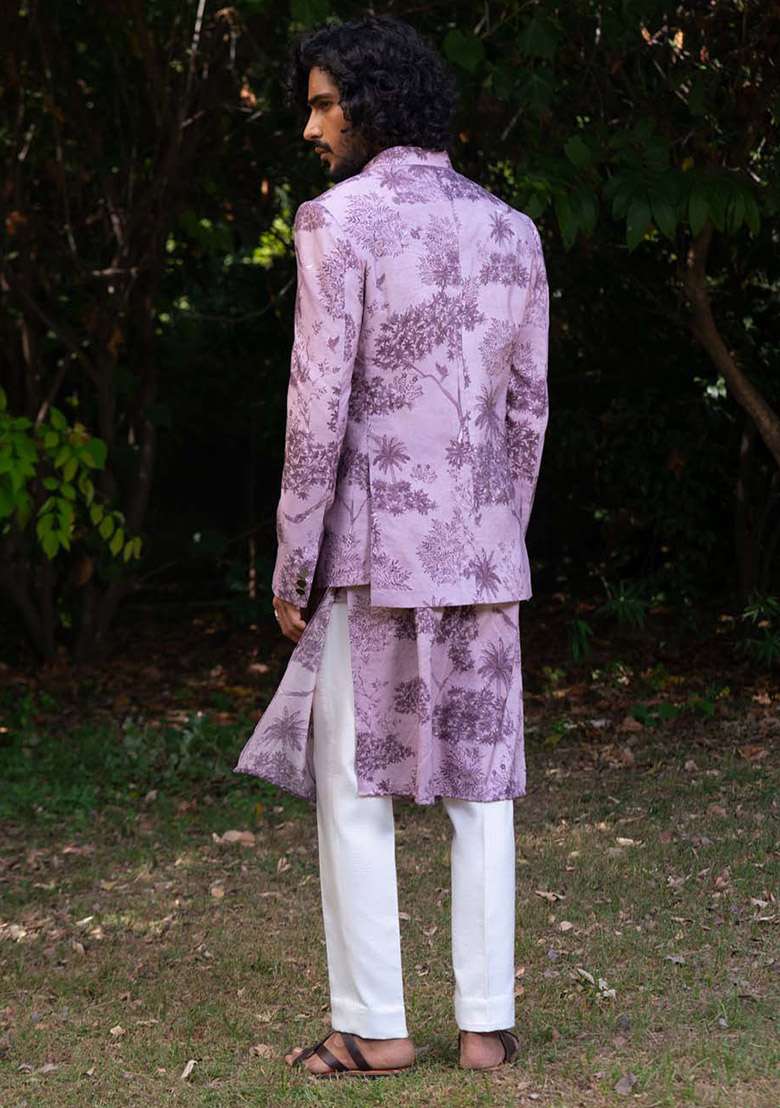 Lavender Kantha Work Digital Print Bandhgala Jacket For Men - Indya