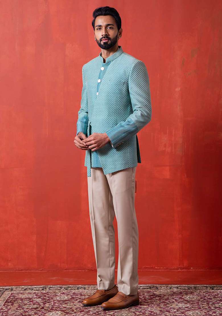 Aqua Blue Kantha Work Bandhgala Jacket For Men - Indya