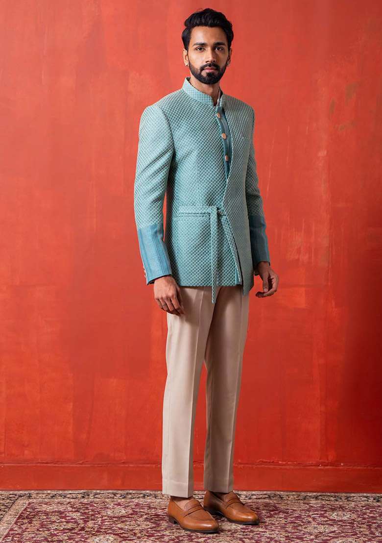 Aqua Blue Kantha Work Bandhgala Jacket For Men - Indya