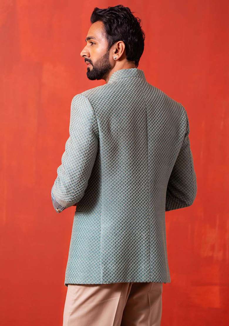 Aqua Blue Kantha Work Bandhgala Jacket For Men - Indya