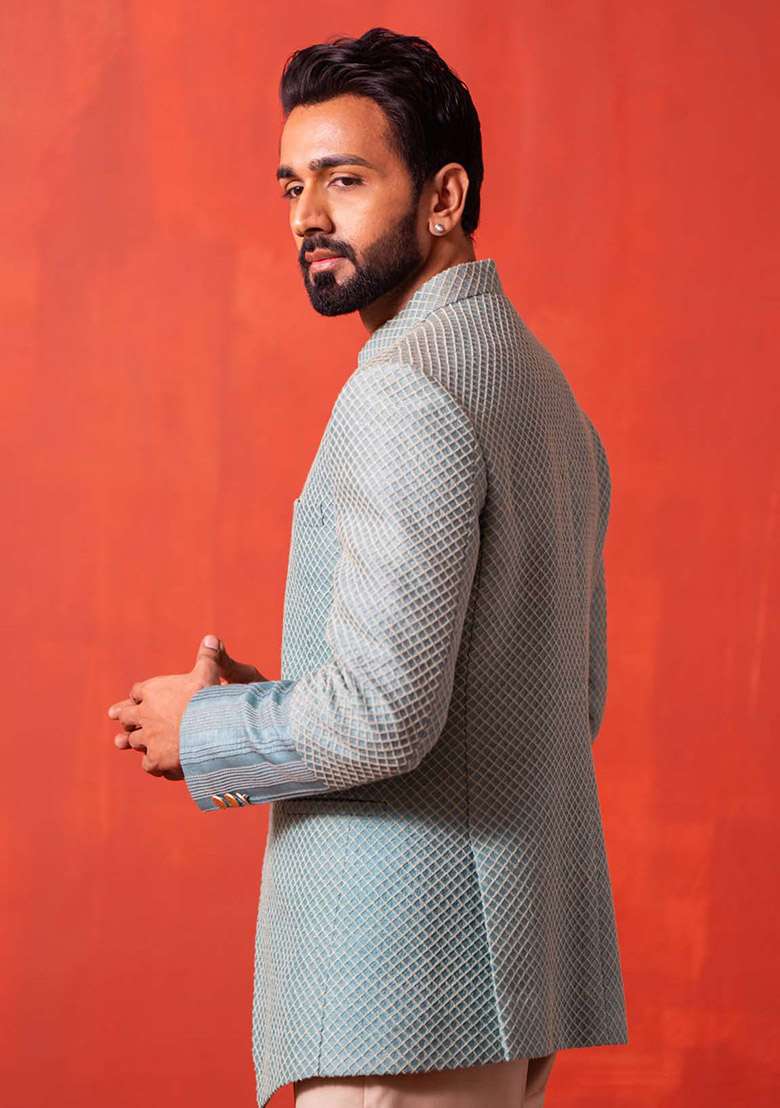 Aqua Blue Kantha Work Bandhgala Jacket For Men - Indya