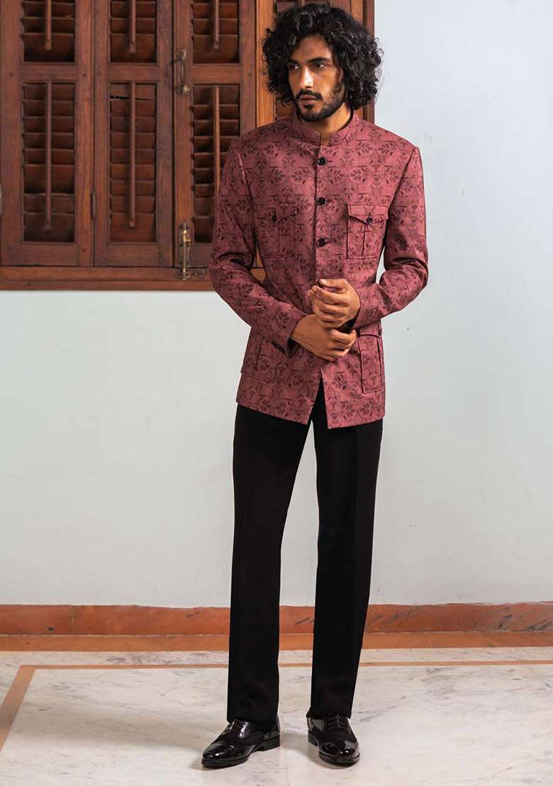 Brown Printed Kantha Work Digital Print Bandhgala Jacket For Men - Indya