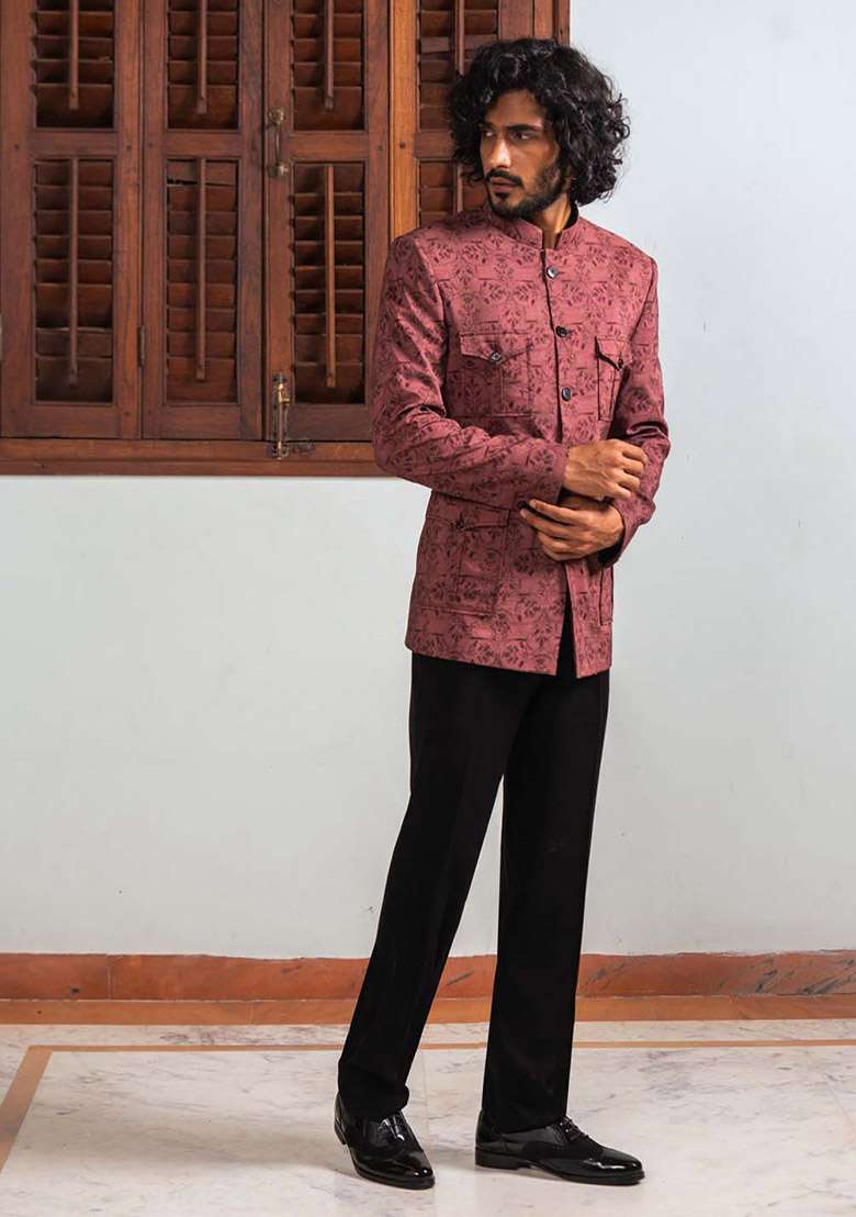 Brown Printed Kantha Work Digital Print Bandhgala Jacket For Men - Indya