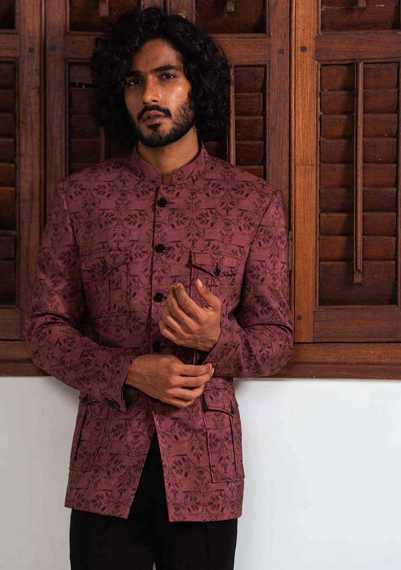 Brown Printed Kantha Work Digital Print Bandhgala Jacket For Men - Indya