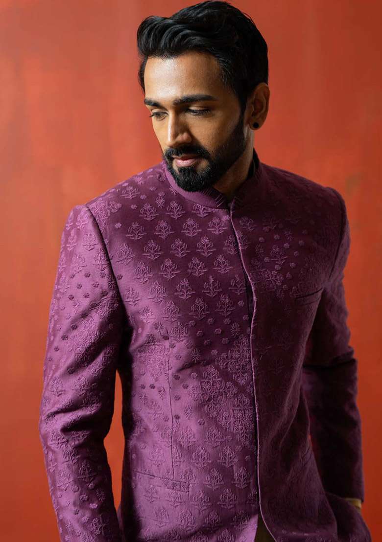 Wine Kantha Work Bandhgala Jacket For Men - Indya