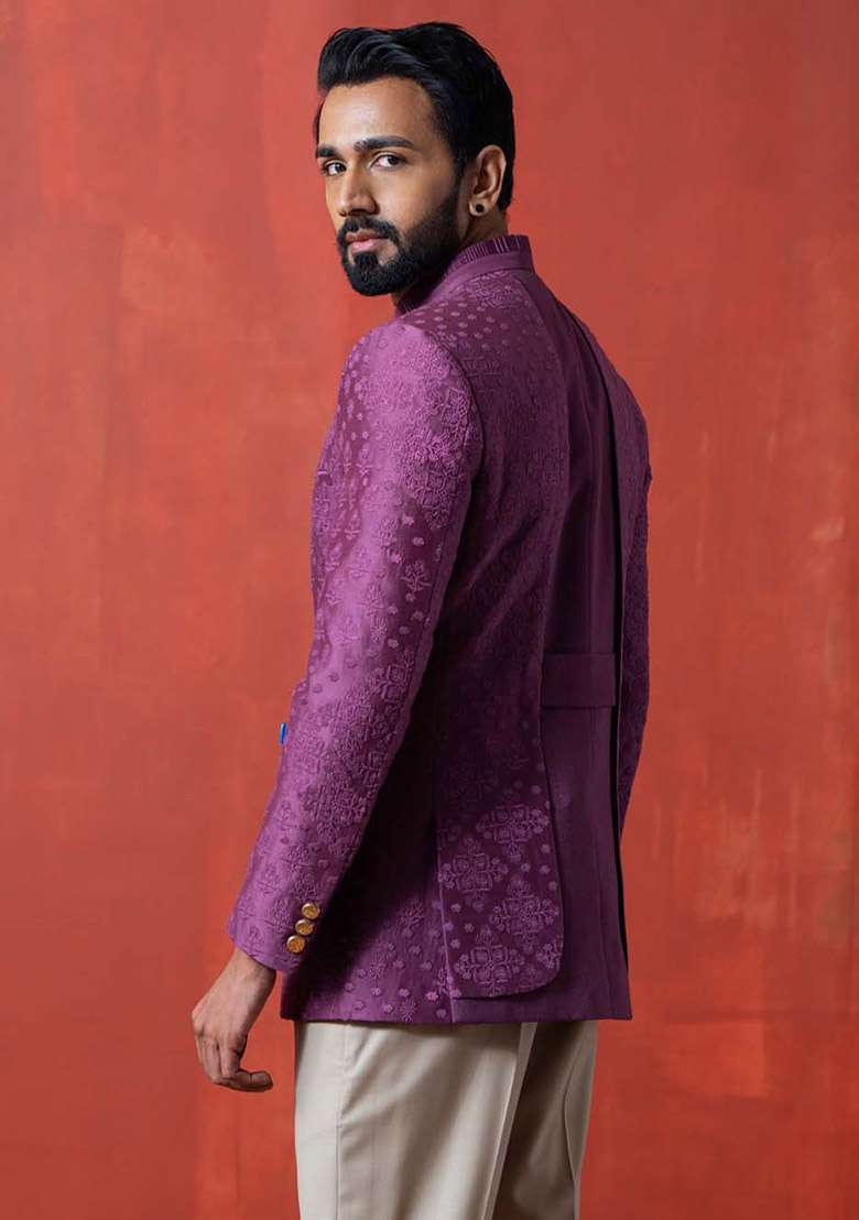 Wine Kantha Work Bandhgala Jacket For Men - Indya