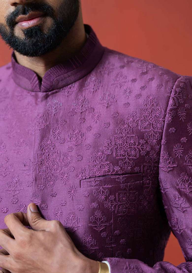 Wine Kantha Work Bandhgala Jacket For Men - Indya