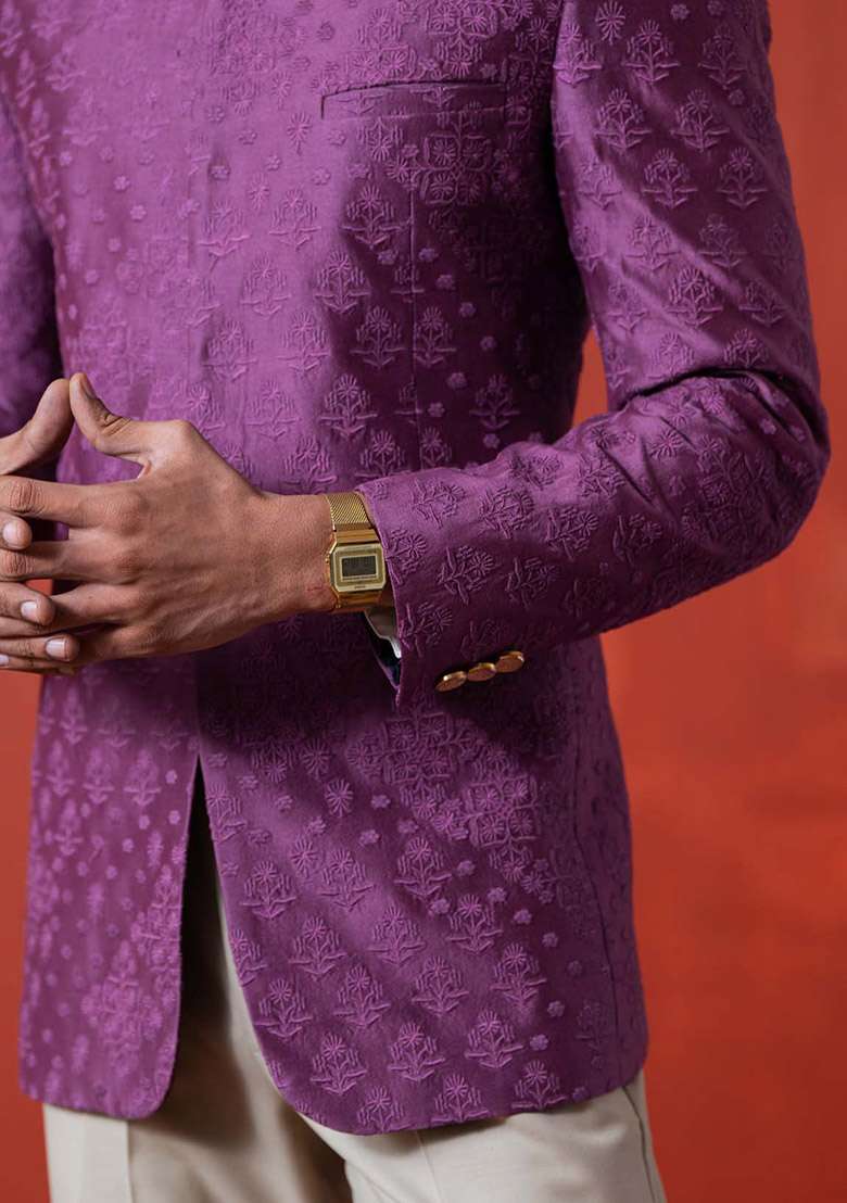 Wine Kantha Work Bandhgala Jacket For Men - Indya