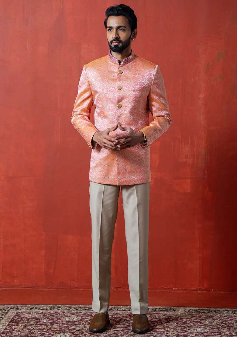 Orange Kantha Work Bandhgala Jacket For Men - Indya