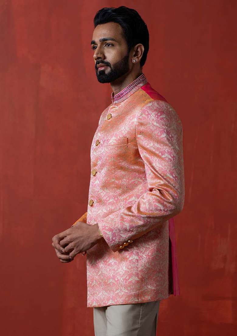 Orange Kantha Work Bandhgala Jacket For Men - Indya