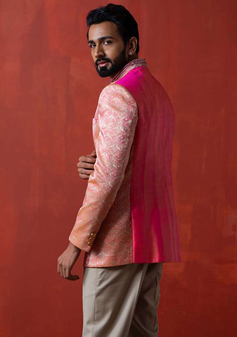 Orange Kantha Work Bandhgala Jacket For Men - Indya