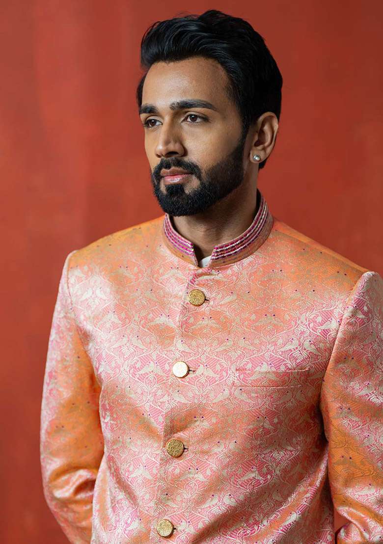 Orange Kantha Work Bandhgala Jacket For Men - Indya