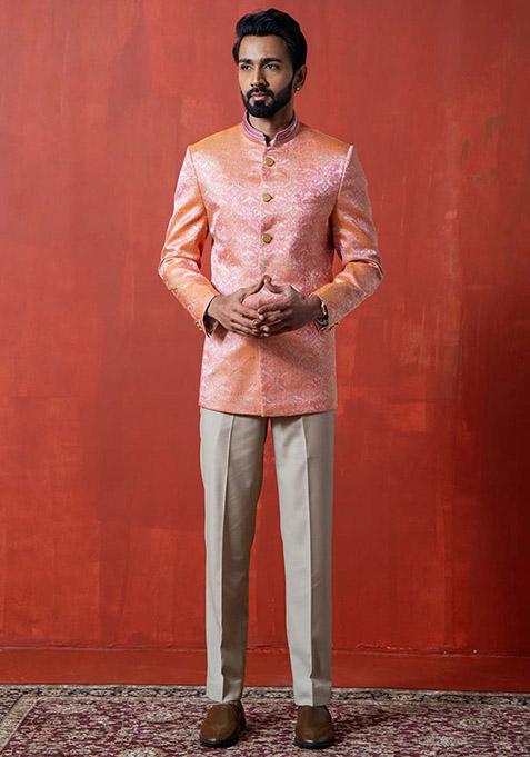 Orange Kantha Work Bandhgala Jacket For Men
