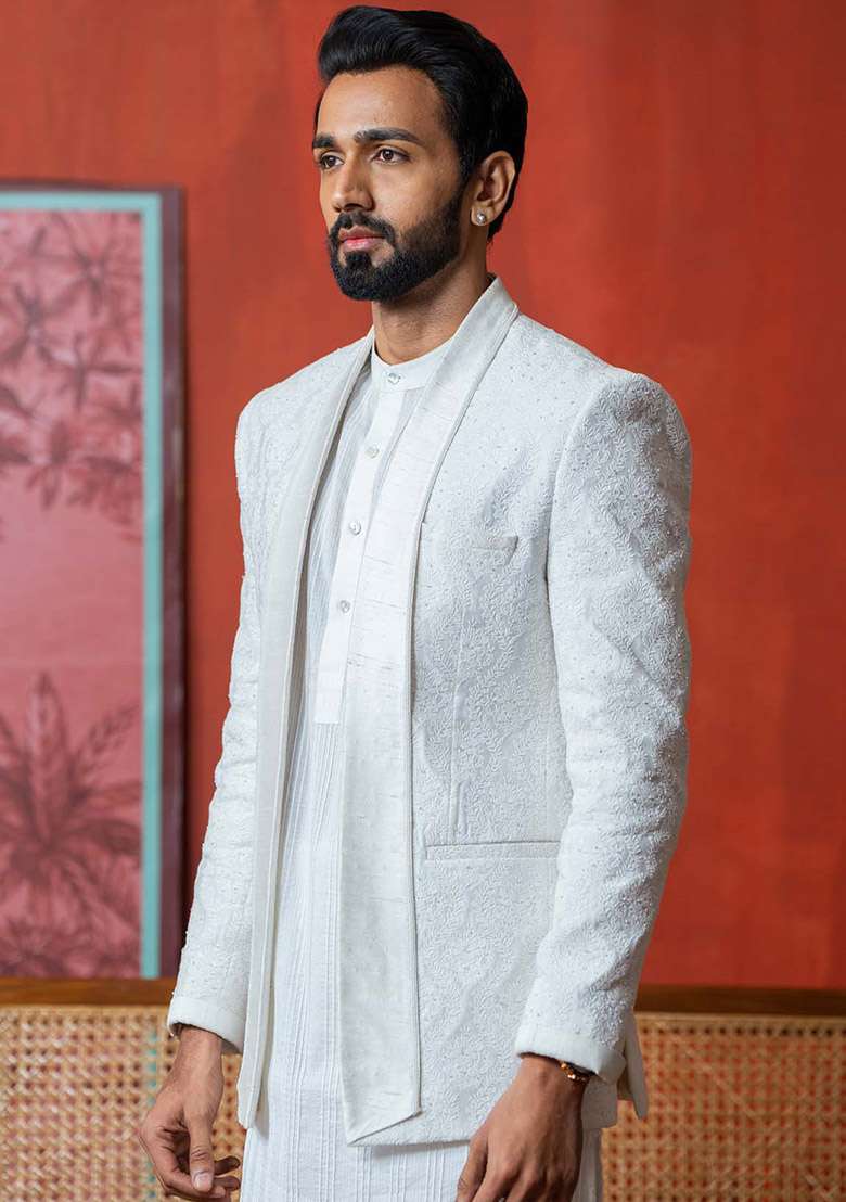 White Pristine Bandhgala Jacket And Kurta For Men - Indya