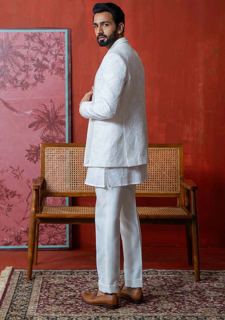 White Pristine Bandhgala Jacket And Kurta For Men - Indya