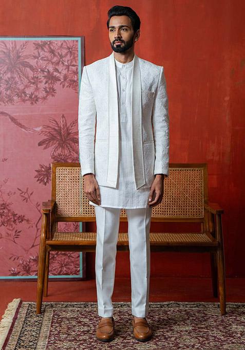 White Pristine Bandhgala Jacket And Kurta For Men
