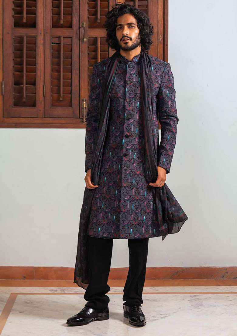 Black Adda Work Sherwani Set For Men - Indya