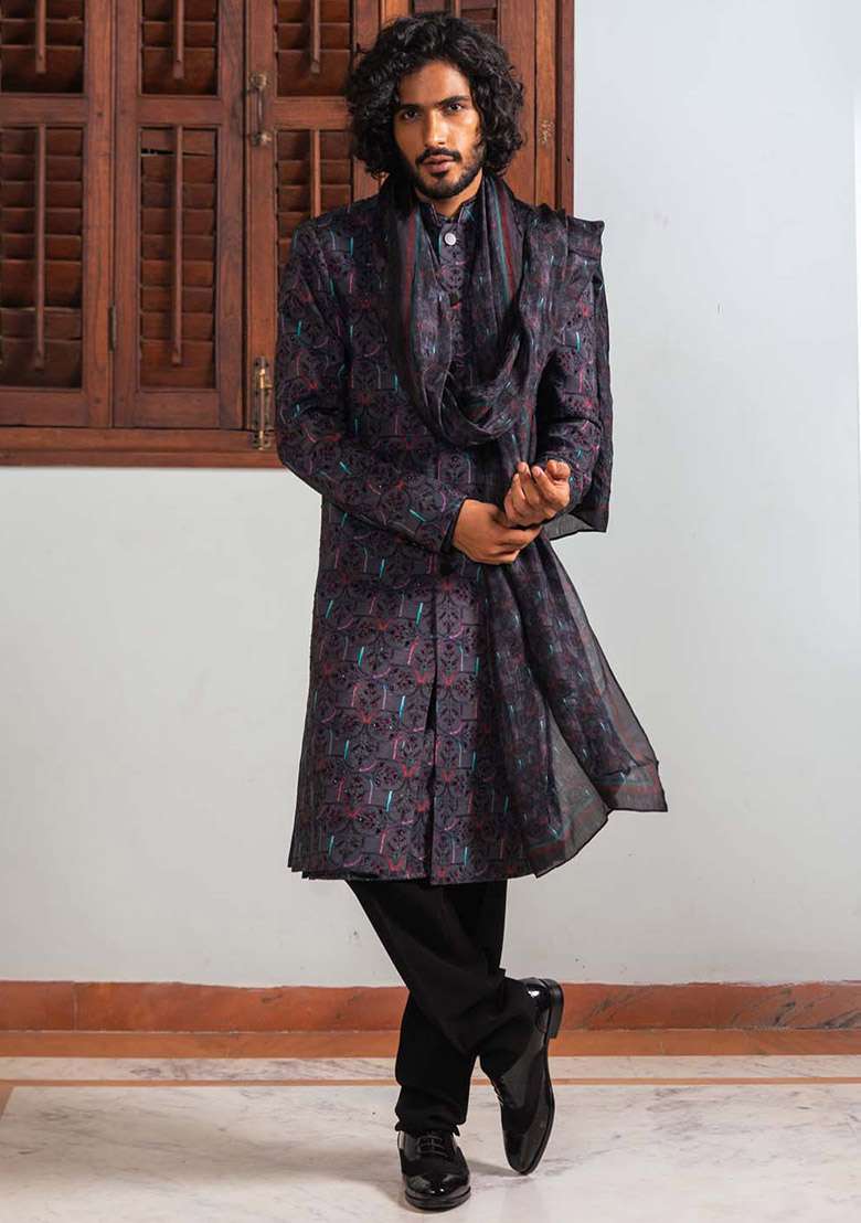 Black Adda Work Sherwani Set For Men - Indya